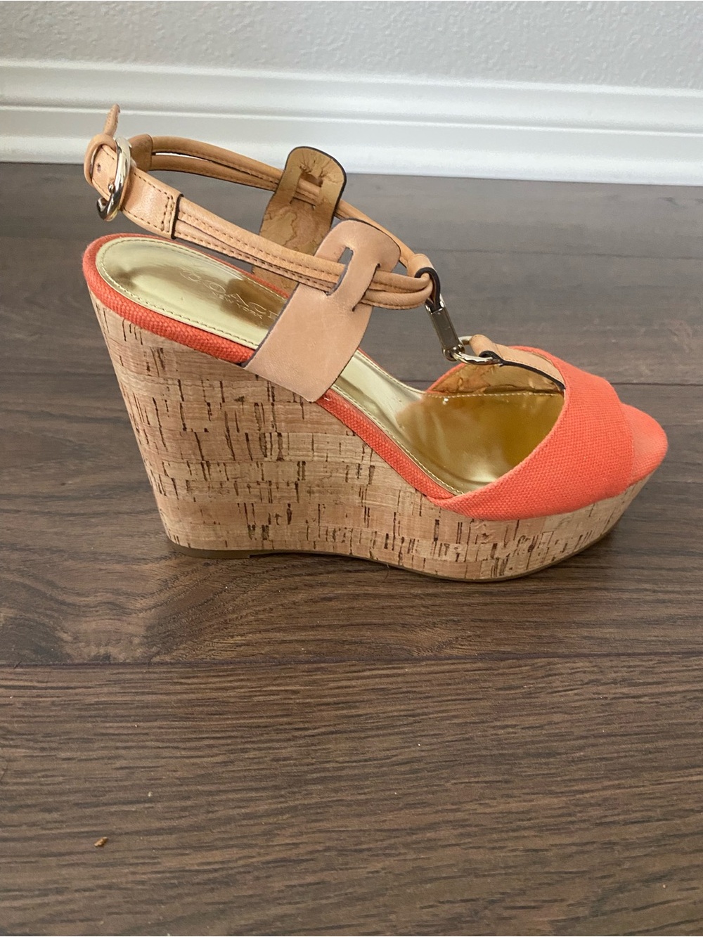 Coach Orange Canvas Cork Wedge Sandals with Tan Leather Straps